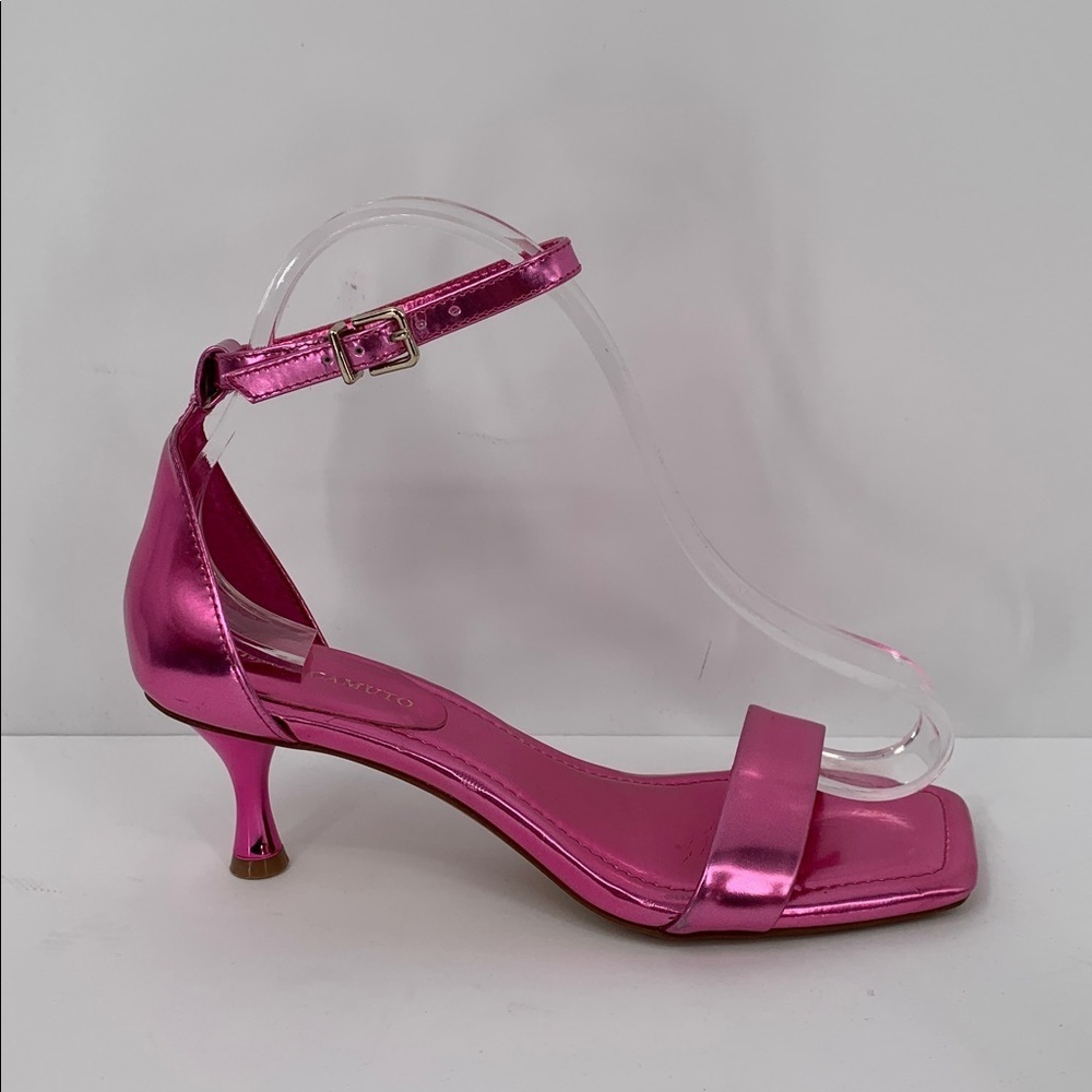 Vince Camuto Vinkely ankle strap shoe metallic pink kitten heel square toe 6